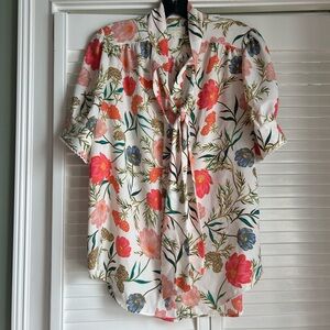Kate Spade White Charleston Floral Tie Neck Blouse Size Medium